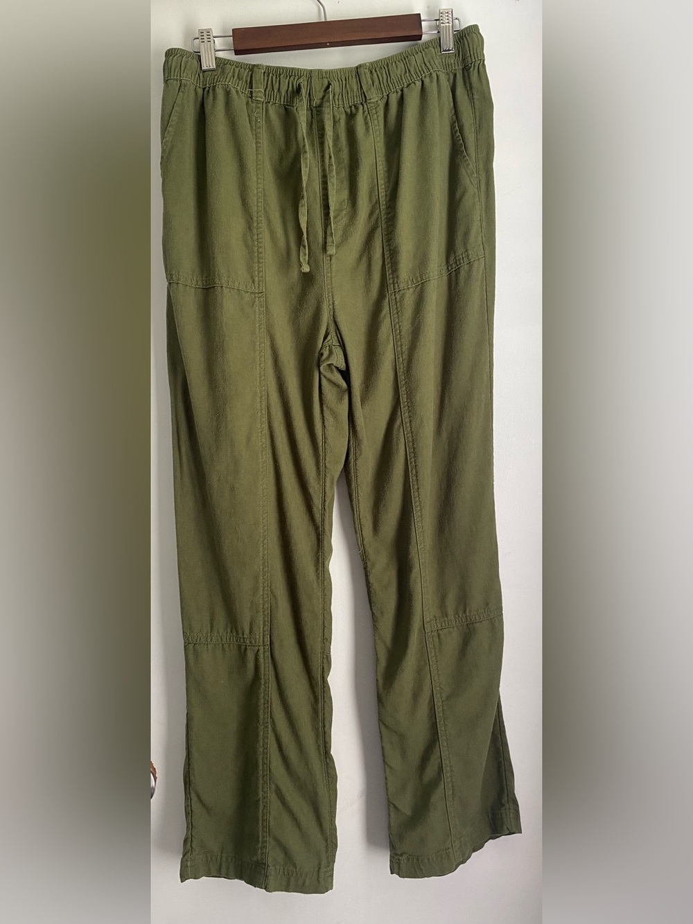 Time and Tru M Women's Green Linen Blend Straight Leg Pants Drawstring Pockets
